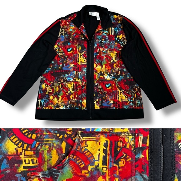 Vintage Spa by Chicos Knit Jacket Artsy Boho Colorful Print Pockets Full Zip XL - Picture 1 of 9